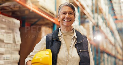 Buy stock photo Portrait, supply chain engineer and woman in factory, supplier or distribution of stock or shipping. Space, happy and person in warehouse for project management, helmet and smile for logistics