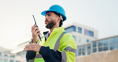 Buy stock photo Man, engineer and explain on radio outdoor for discussion, planning and construction feedback. Male person, conversation and tech for architecture, building instructions and advice as project manager