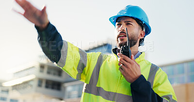 Buy stock photo Man, architect and explain on radio outdoor for discussion, planning and construction advice. Male person, talking and tech for architecture, building instructions and feedback for project management