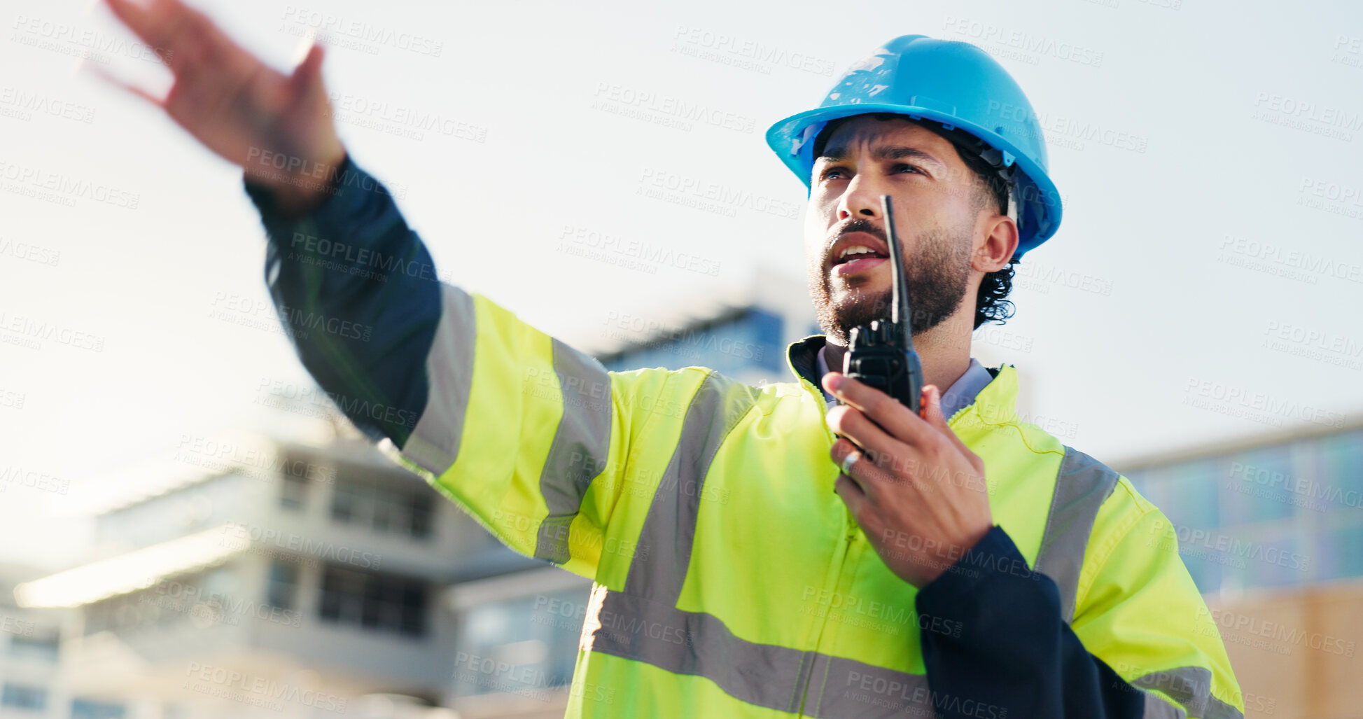 Buy stock photo Man, architect and explain on radio outdoor for discussion, planning and construction advice. Male person, talking and tech for architecture, building instructions and feedback for project management