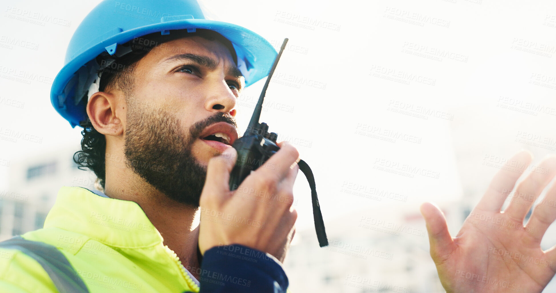 Buy stock photo Construction site, radio and man with engineering, conversation and inspection with quality control. Helmet, risk assessment and person with technology, schedule and property renovation with advice