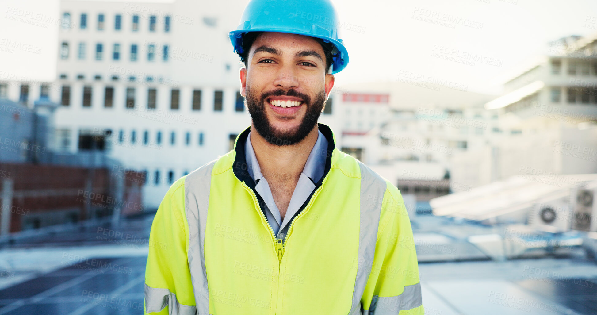 Buy stock photo Man, portrait and contractor at construction site for inspection, smile for maintenance or renovation. Engineering, helmet for safety and happy architect with property infrastructure on rooftop