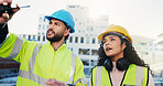 Construction site, engineering and man with woman, inspection or conversation with feedback. People, outdoor or employees with safety check, risk assessment or project management with quality control