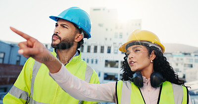 Buy stock photo Talk, people or builder in city with inspection for architecture project, planning or building. Quality check, pointing or leader on construction site for engineering, teamwork and renovation ideas