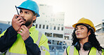 Construction site, team and radio for communication with people outdoor in city for management. Man, woman and engineering with manager speaking for building maintenance, project or architecture