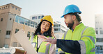 Clipboard, construction and planning with people on rooftop together for building or collaboration. Blueprint, conversation and installation with architect team in city for development or engineering