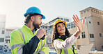Construction site, radio and collaboration with team for communication, vision or planning. Man, woman and engineering with gesture and explaining for building maintenance, project or architecture