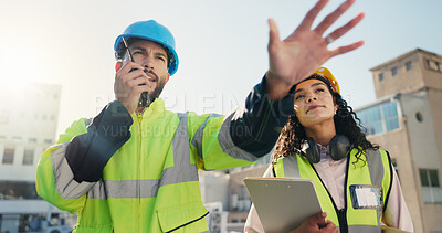 Buy stock photo Clipboard, construction and radio with people on rooftop together for building or planning. Blueprint, communication and installation with engineer team in city for architecture or development
