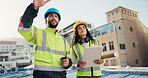 Building, clipboard and collaboration with people on rooftop together for construction or planning. Blueprint, conversation and infrastructure with architect team in city for engineering development
