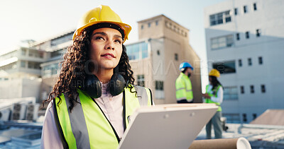 Buy stock photo Thinking, clipboard and engineer with woman on rooftop for building inspection, checklist and idea. Safety regulations, architecture report and vision with person on construction site for blueprint