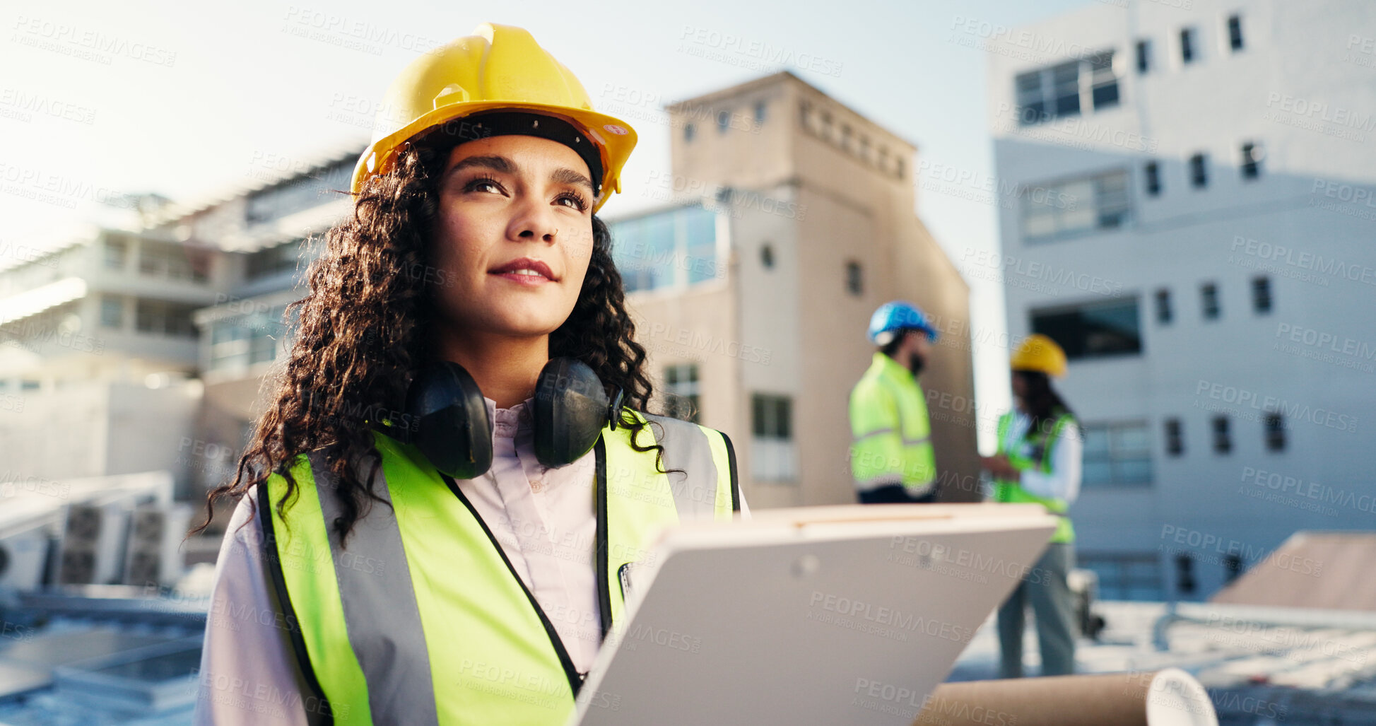 Buy stock photo Thinking, clipboard and engineer with woman on rooftop for building inspection, checklist and idea. Safety regulations, architecture report and vision with person on construction site for blueprint
