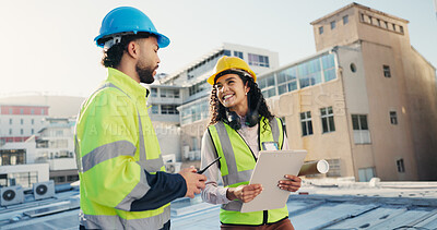Buy stock photo Clipboard, conversation and construction with people on rooftop together for building or planning. Blueprint, collaboration and installation with engineer team in city for architecture or development