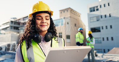 Buy stock photo Reading, clipboard and engineer with woman on rooftop for building inspection, checklist and smile. Safety regulations, architecture report and property with person on construction site for blueprint