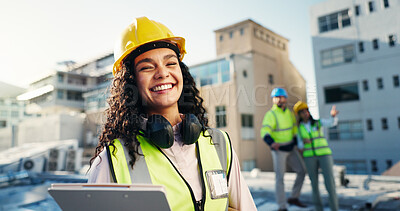 Buy stock photo Portrait, clipboard and engineer with woman on rooftop for building inspection, checklist or smile. Safety regulations, architecture report and property with person on construction site for blueprint