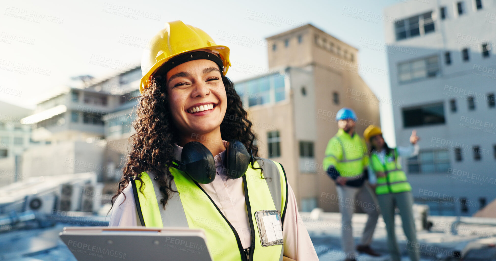 Buy stock photo Portrait, clipboard and engineer with woman on rooftop for building inspection, checklist or smile. Safety regulations, architecture report and property with person on construction site for blueprint