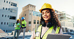Portrait, clipboard and contractor with woman on rooftop for building inspection, checklist or smile. Safety regulations, architecture report and property with person on construction site as engineer