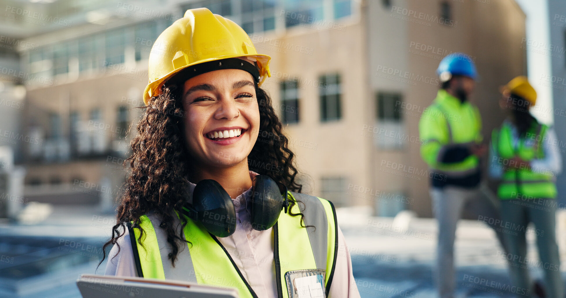 Buy stock photo Portrait, laugh and contractor with woman on rooftop for building inspection, checklist or smile. Safety regulations, architecture report and clipboard with person on construction site as engineer