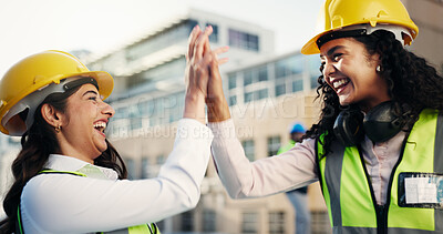 Buy stock photo High five, women or contractor in city for architecture project, success or construction site. Excited, target or happy builders in engineering for repair goals, development or renovation progress