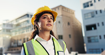 Buy stock photo Urban, woman or contractor thinking in city for architecture project, vision or construction site. Plan, outdoor or creative builder in engineering for installation, development or renovation ideas