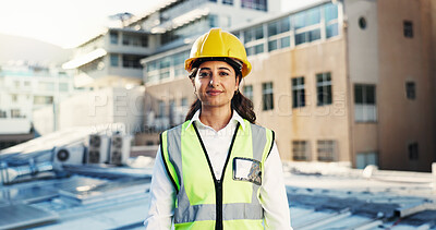 Buy stock photo Woman, portrait and construction worker at site for inspection, building maintenance or renovation. Architecture, helmet for safety and contractor with smile for property infrastructure on rooftop