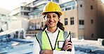 Woman, portrait and contractor at construction site for inspection, radio for maintenance or renovation. Engineering, helmet for safety and architect with communication tech for project management