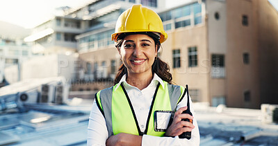 Buy stock photo Woman, portrait and contractor at construction site for inspection, radio for maintenance or renovation. Engineering, helmet for safety and architect with communication tech for project management