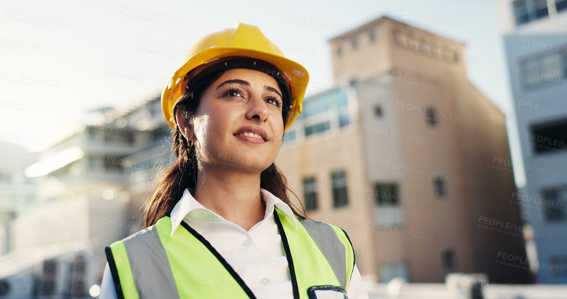 Buy stock photo Smile, woman or contractor thinking in city for architecture project, vision or construction site. Creative, outdoor or happy builder in engineering for installation, development or renovation ideas