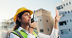Woman, engineer and explain on radio outdoor for discussion, planning and construction advice. Person, equipment and talking for architecture, building instructions and feedback of project management