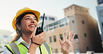 Smile, woman and engineer with radio outdoor of discussion, planning and construction advice. Person, tech and conversation for architecture, building instructions and feedback for project management