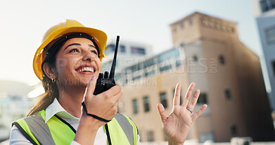 Buy stock photo Smile, woman and engineer with radio outdoor of discussion, planning and construction advice. Person, tech and conversation for architecture, building instructions and feedback for project management