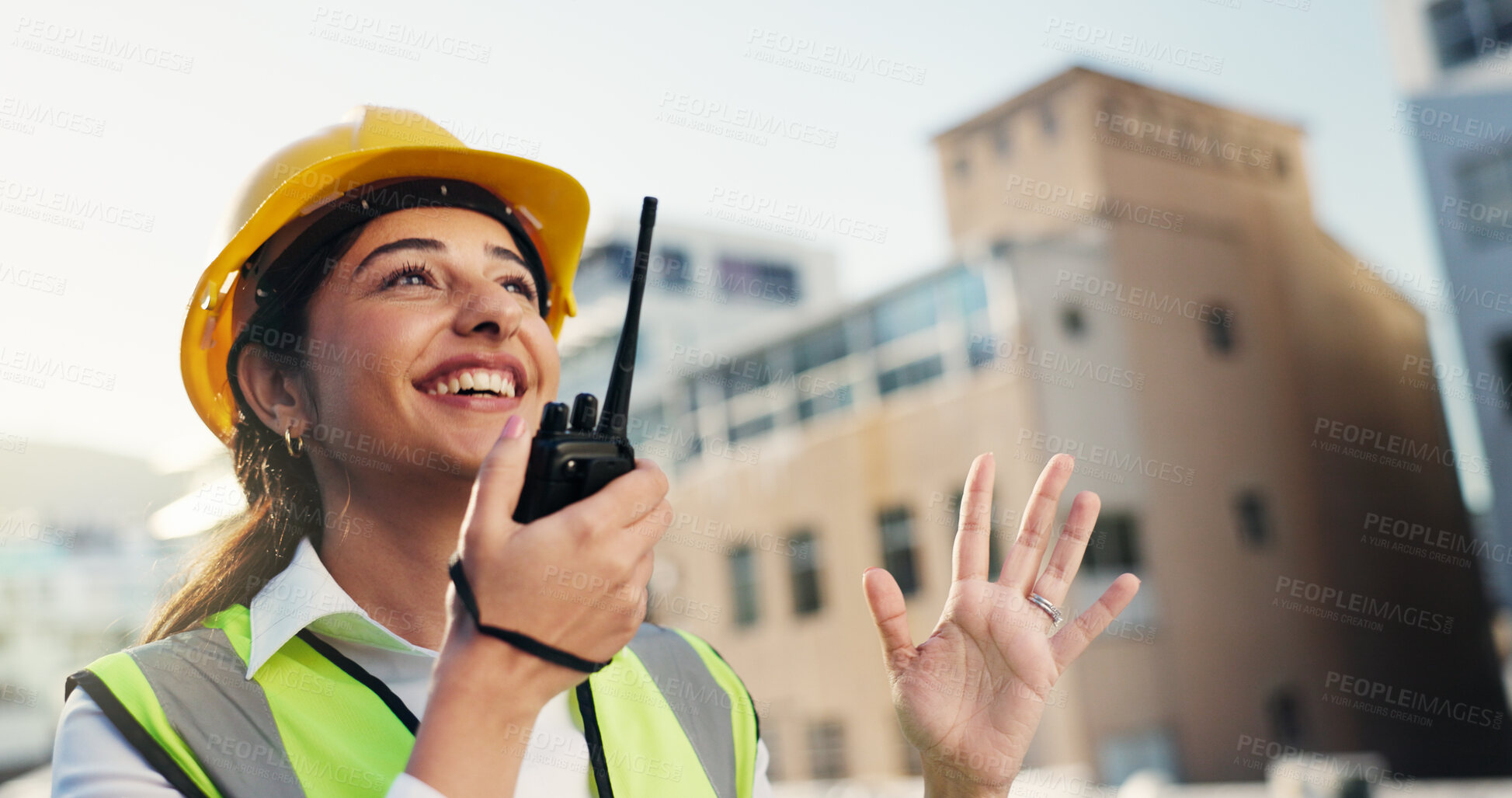 Buy stock photo Smile, woman and engineer with radio outdoor of discussion, planning and construction advice. Person, tech and conversation for architecture, building instructions and feedback for project management