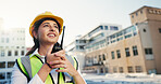 Construction worker, happy woman and radio for communication outdoor in city for management. Engineering, update and manager speaking for building maintenance, project or architecture planning