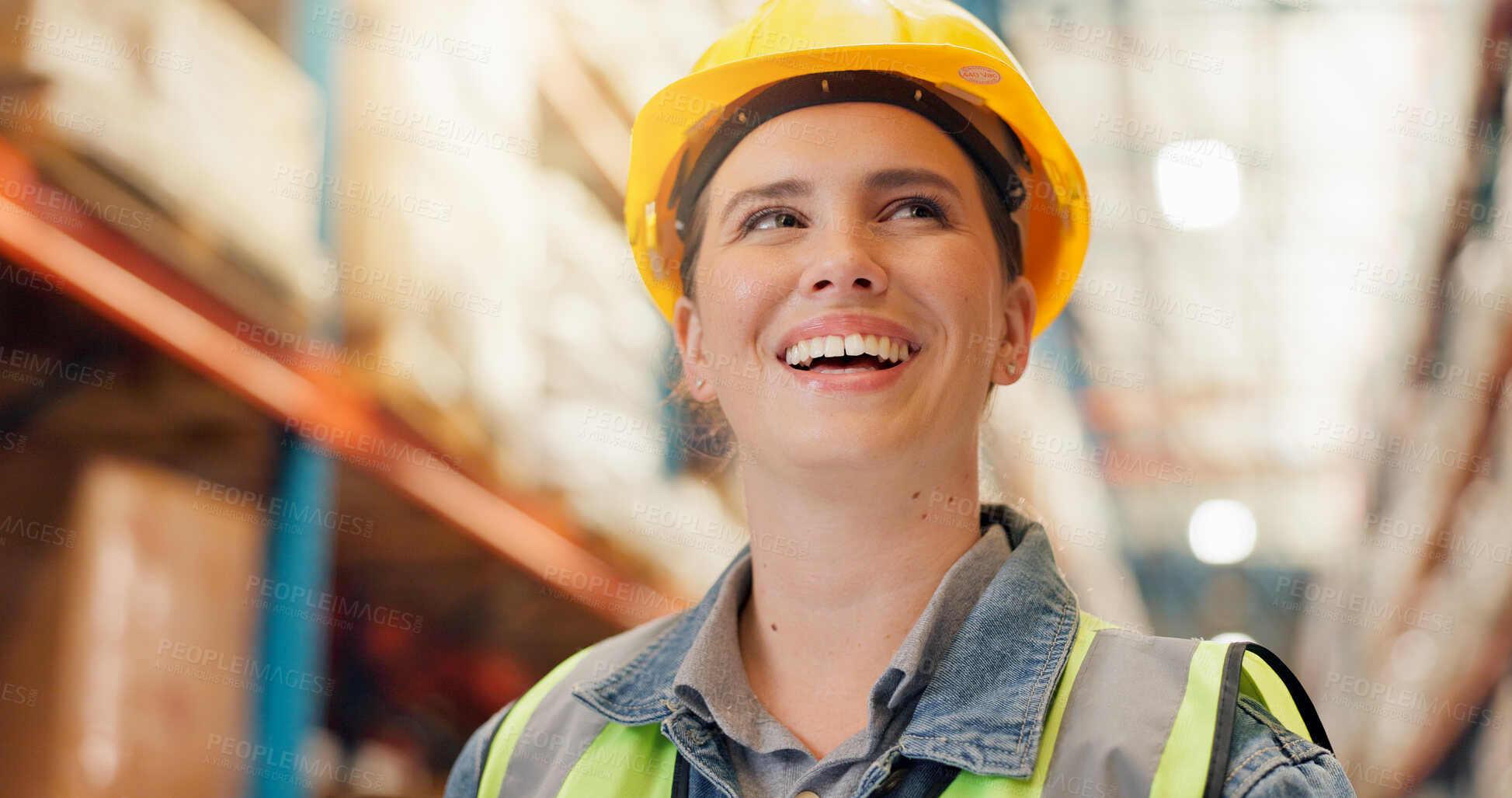 Buy stock photo Happy woman, contractor or supplier with helmet at warehouse for supply chain or distribution. Female person, distributor or smile with safety or pride for logistics, inventory or storage control