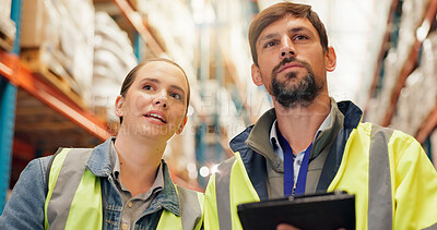 Buy stock photo Distribution, tablet or people in warehouse, discussion and supply chain with teamwork. Employees, inspection or woman in factory, technology or digital app with collaboration, inventory or logistics