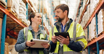 Buy stock photo Distribution, tablet and people in warehouse, conversation and supply chain with inspection. Employees, man and woman in factory, technology and digital app with discussion, inventory and logistics