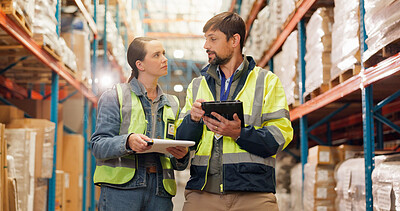 Buy stock photo Supply chain, tablet and people in warehouse, conversation and quality control with teamwork. Employees, man and woman in factory, tech or app with inventory, stock or collaboration with distribution