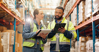 Buy stock photo Distribution, tablet and people in warehouse, teamwork and supply chain with inspection. Logistics, man and woman in factory, technology and digital app with discussion, inventory and quality control