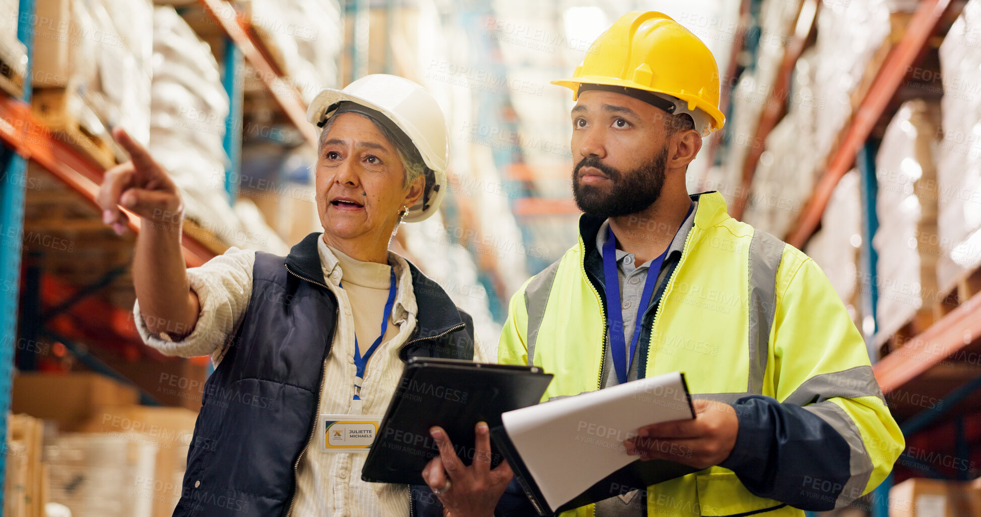 Buy stock photo Logistics, people or tablet with inspection in warehouse for quality control, stock count or cargo. Engineers, checklist and pointing to inventory for freight management, shipping storage or teamwork