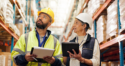Buy stock photo Logistics, team or tablet with inspection in warehouse for quality control, supply chain or delivery. Engineers, people and pointing to freight inventory for stock management or shipping distribution
