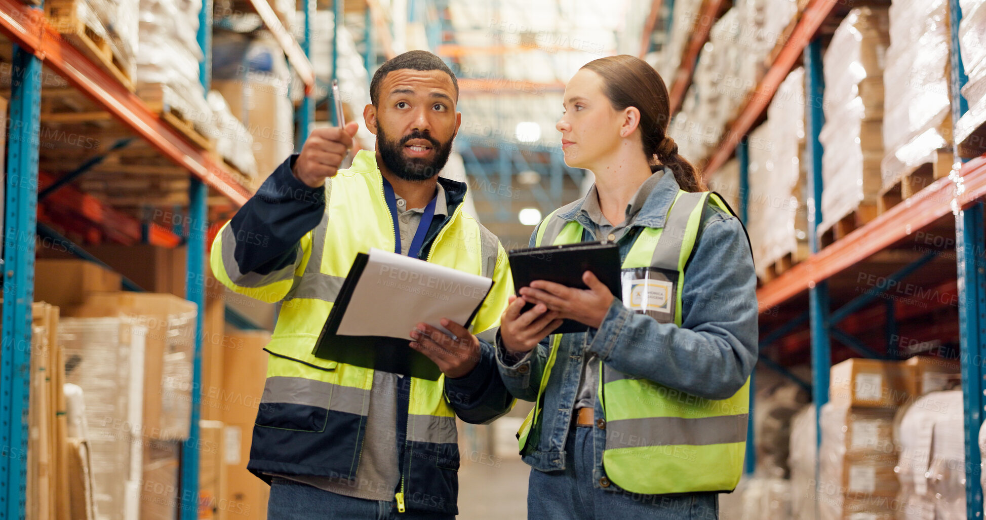 Buy stock photo Logistics, engineers or clipboard with inspection in warehouse for shipping, teamwork or cargo. Supply chain, people and point to freight inventory for quality control, digital checklist and export