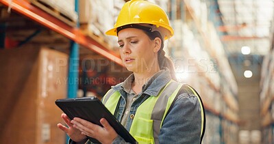 Buy stock photo Woman, tablet and typing at warehouse for logistics, schedule and checklist for freight at plant. Person, technology and application with thinking, stock and scroll for supply chain management