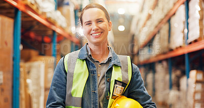 Buy stock photo Portrait, logistics and storage with woman in warehouse for cargo shipping, supply chain or trade. Distribution center manager, export and freight inspector with person in factory for quality control