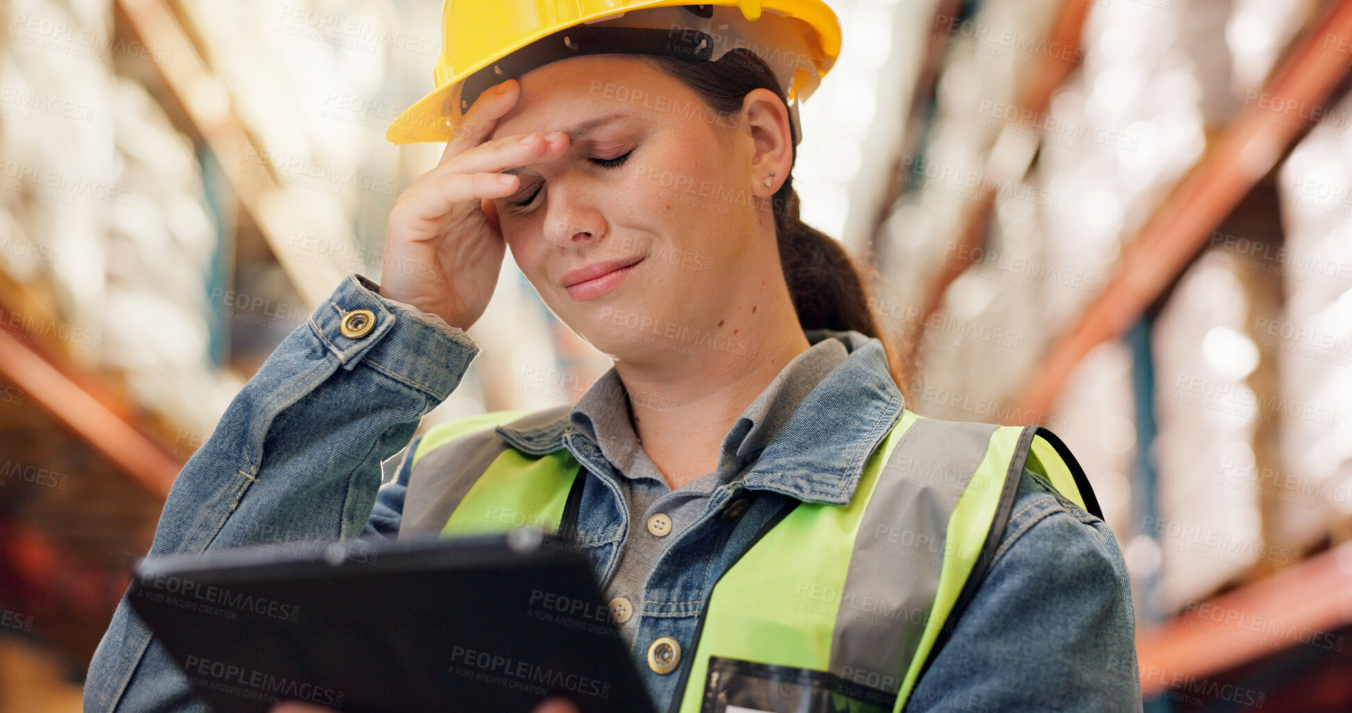 Buy stock photo Woman, stress and tablet in waregouse logistics for mistake, anxiety or supply chain issue. Female person, distributor or supplier with headache on technology for inventory loss, fail or stock error