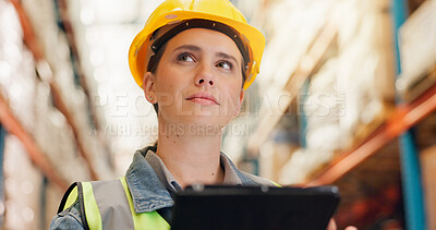 Buy stock photo Tablet, logistics and thinking with woman in warehouse for quality control, supply chain and idea. Shipping schedule, reflection and export with person for storage supervisor and digital inventory