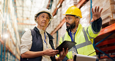 Buy stock photo Logistics, team and planning with clipboard in warehouse for stock export, cargo or distribution. Low angle, tablet and people pointing to inventory for freight management, quality control or storage