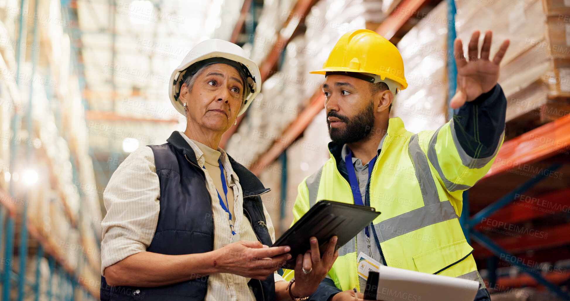 Buy stock photo Logistics, team and planning with clipboard in warehouse for stock export, cargo or distribution. Low angle, tablet and people pointing to inventory for freight management, quality control or storage