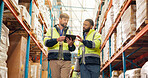 Distribution, tablet and people in factory, teamwork and supply chain with inspection. Employees, logistics and men in warehouse, cooperation or digital app with discussion, inventory or conversation