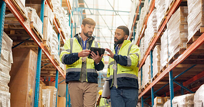 Buy stock photo Distribution, tablet and people with teamwork, below or supply chain with inspection. Employees, logistics or men in warehouse, collaboration or digital app with discussion, inventory or conversation