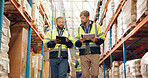 Distribution, tablet and people in warehouse, conversation and supply chain with manufacturing. Employees, inventory and men in factory, tech and digital app with discussion, inspection and logistics