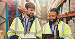 Logistics, men or discussion with tablet in warehouse for quality control, supply chain or shipping. Engineers, teamwork and digital app for delivery tracking, stock management and cargo inspection